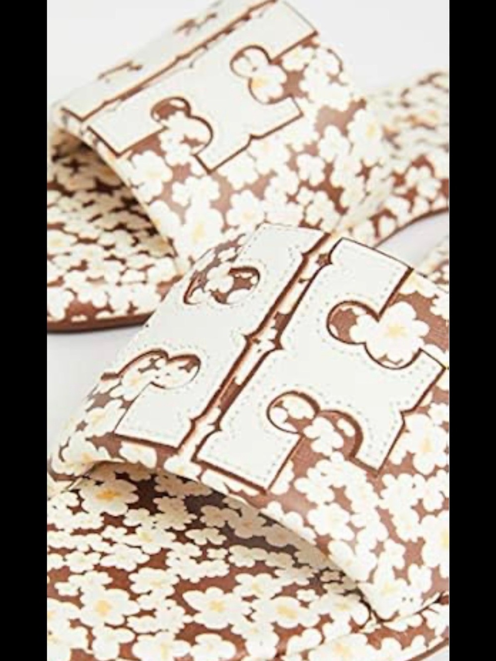 Tory Burch Double T White & Brown Floral Slide Sandals